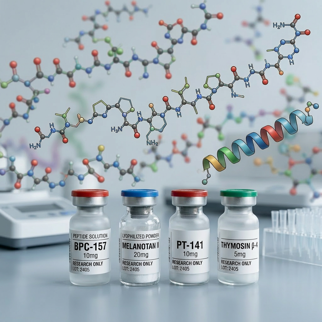 Four labeled peptide solution vials standing in a row on a laboratory table with chemical formulas in the background.